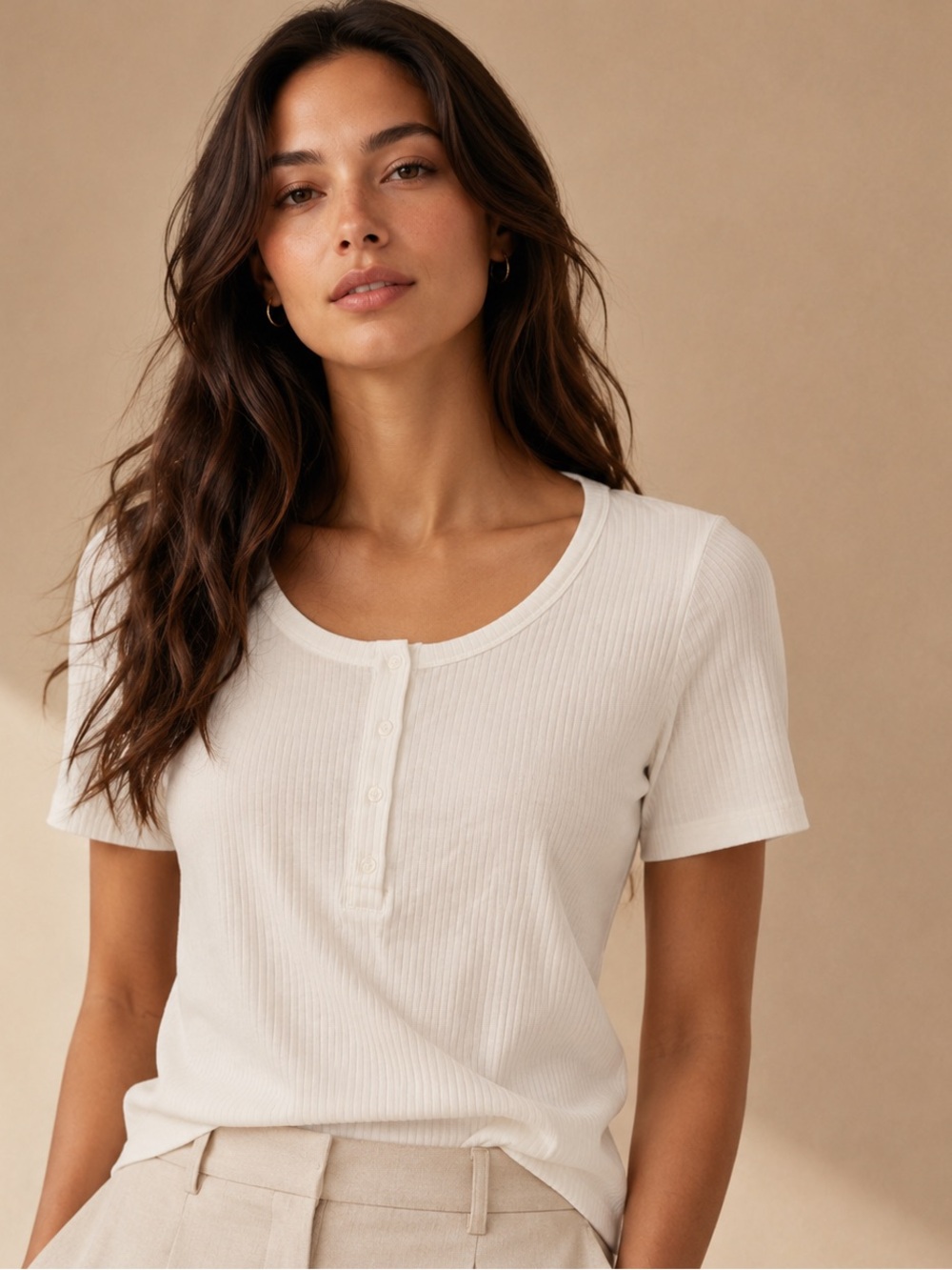Evereve Ivory Ribbed Henley Short Sleeve Top Size L